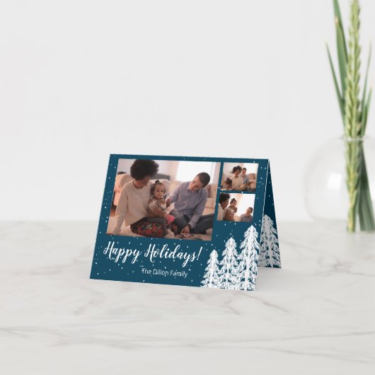 Blue Snowy Pine Tree 3-fotofeestdag Feestdagen Kaart (Voorkant)