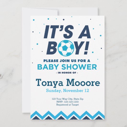 Blue Soccer Baby shower Kaart (Voorkant)