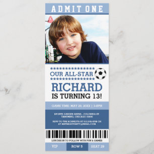 Blue Soccer Ticket Birthday Invites Kaart