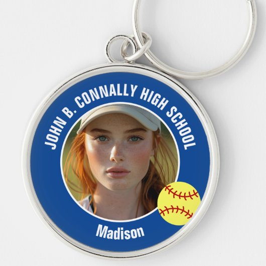 Blue Softball Player Photo High School Keepsake Sleutelhanger (Voorkant)