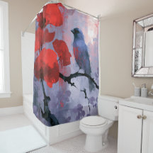 Blue Songbird with Cherry Red Blossoms
