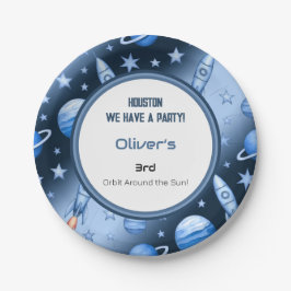 Blue Space Adventure Rocket Kids Verjaardag Graphi Papieren Bordje