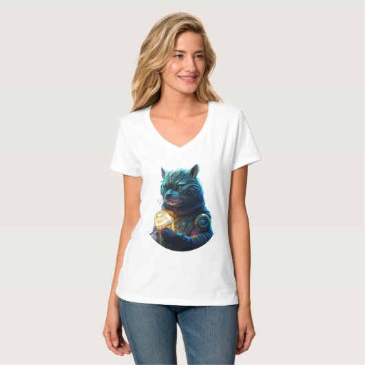Blue Space Cat Astronaut houdt gloeiende module va T-shirt (Voorkant volledig)