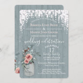 Blue Sparkle en Jar of Flowers Rustic Wedding Kaart (Voorkant / Achterkant)