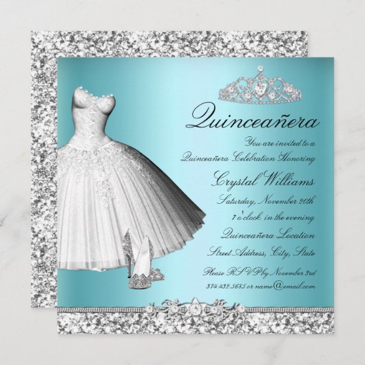 Blue Sparkle Glitter Dress & Heels Quinceanera Kaart (Voorkant / Achterkant)