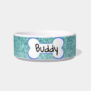 Blue Sparkle Glitter Huisdier Kat Gepersonaliseerd Voerbakje