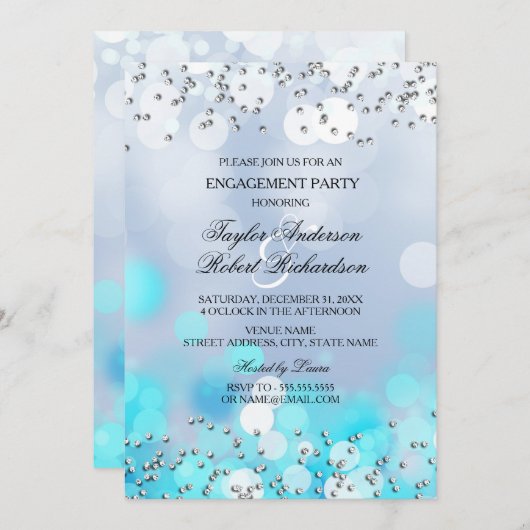 Blue Sparkle Lights Engagement Party Invitation (Devant / Derrière)