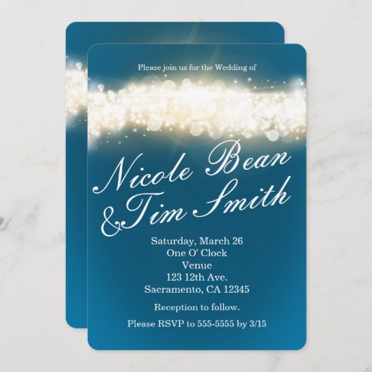 Blue Sparkle Lights Sky Blast Wedding Invitations (Devant / Derrière)