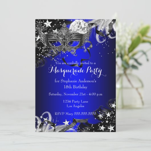 Blue Sparkle Magical Night Masquerade Party Invite Kaart (Staand voorkant)