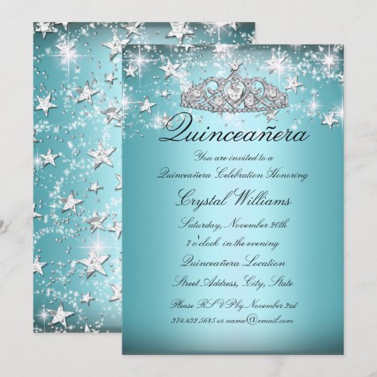 Blue Sparkle Tiara Stars Quinceanera Invitation (Devant / Derrière)