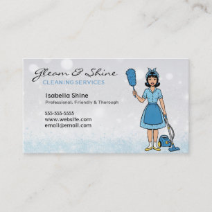 Blue Sparkles Retro Cleaner Schoonmaak Vrouw Servi Visitekaartje