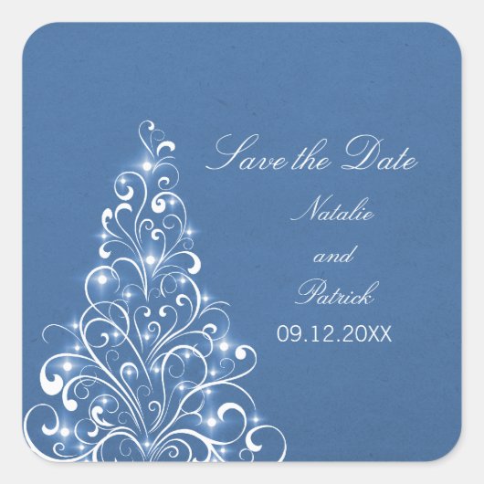 Blue Sparkly Holiday Tree Save the Date Stickers (Devant)