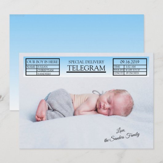 Blue Special Telegram Birth Notice for Boy Kaart (Voorkant / Achterkant)