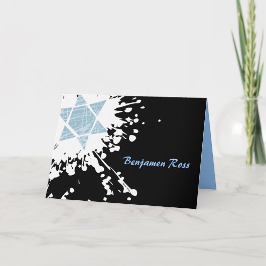 Blue Splatter Star Bar Bat Mitzvah Thank You Card (Devant)