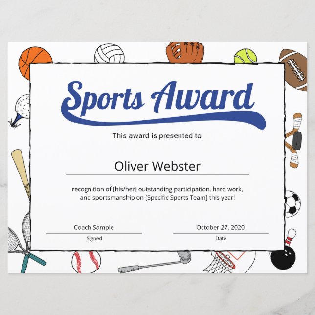 Blue Sports Certificate Sjablonen Award (Voorkant)
