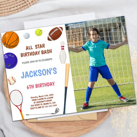 Blue Sports Invitations d'anniversaire avec photo
