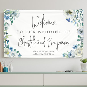 Blue Spring Waterverf Floral Chic Wedding Welcome Spandoek