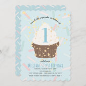 Blue Sprinkings Cupcake Invitation Anniversaire (Devant / Derrière)
