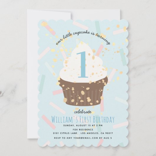 Blue Sprinkings Cupcake Invitation Anniversaire (Devant)