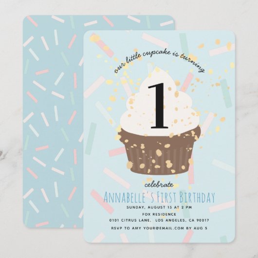 Blue Sprinkings Cupcake Invitation Anniversaire (Devant / Derrière)