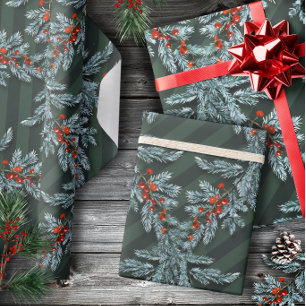 Blue Spruce Red Berries Lattice Forest Green Cadeaupapier