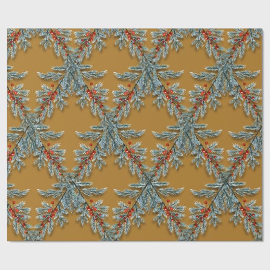 Blue Spruce Red Berries Lattice Gold Cadeaupapier (Vlak)
