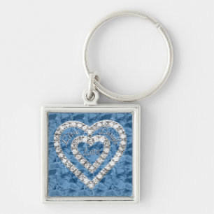 Blue Square Live Laugh Love Diamond Heart Keychain