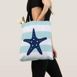 Blue Star Fish op Mint Stripes Tote Bag