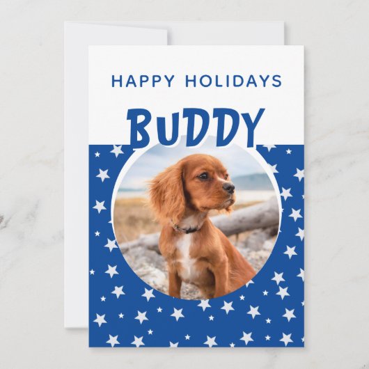 Blue Star Pattern Puppy Dog Photo Holiday Card (Voorkant)
