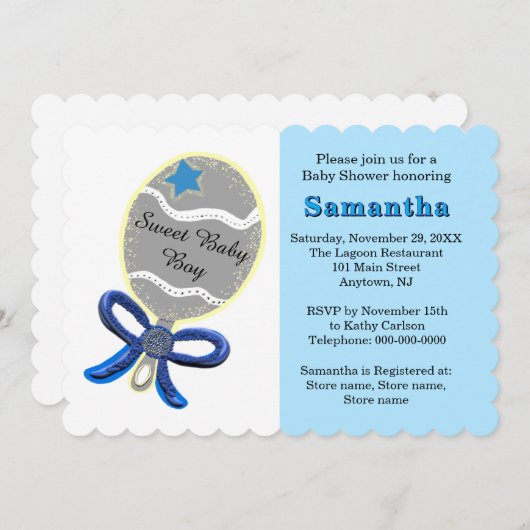 Blue Star Silver Rattle Baby shower Kaart (Voorkant / Achterkant)