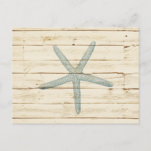 Blue Starfish Faux Cream Wood Beach Briefkaart (Voorkant)