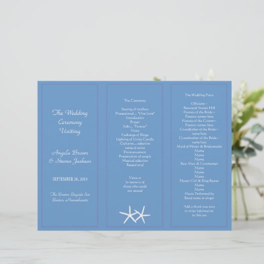 Blue Starfish Tri-Fold Wedding Programme Modèles (Debout devant)