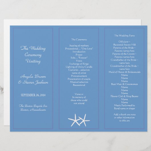 Blue Starfish Tri-Fold Wedding Programme Modèles (Devant / Derrière)