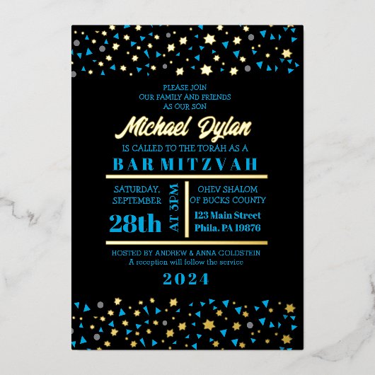 Blue Stars Bar Bat mitzvah Invitation Gold Foil (Recto)