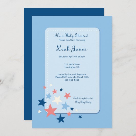 Blue Stars Boy Baby shower Uitnodiging (Voorkant / Achterkant)