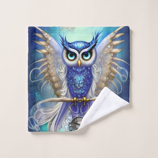Blue Steampunk Owl Bad Handdoek (Wasdoekje)