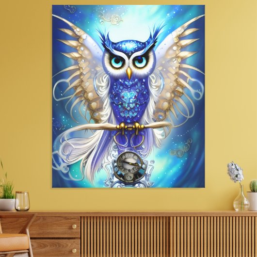 Blue Steampunk Owl Canvas Afdruk (Insitu (Woonkamer))
