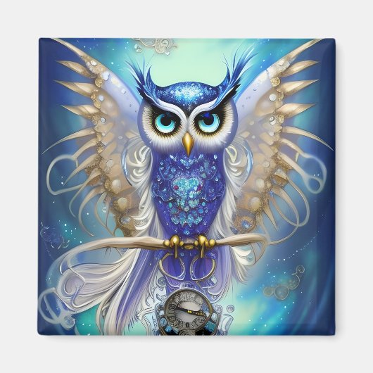 Blue Steampunk Owl Magneet (Voorkant)