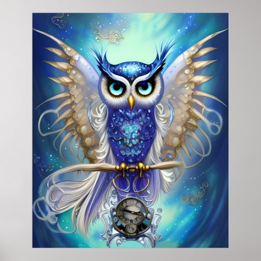 Blue Steampunk Owl Poster (Voorkant)