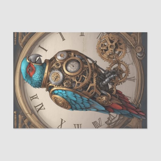  Blue Steampunk Parrot met Klok Tissuepapier (Voorkant)