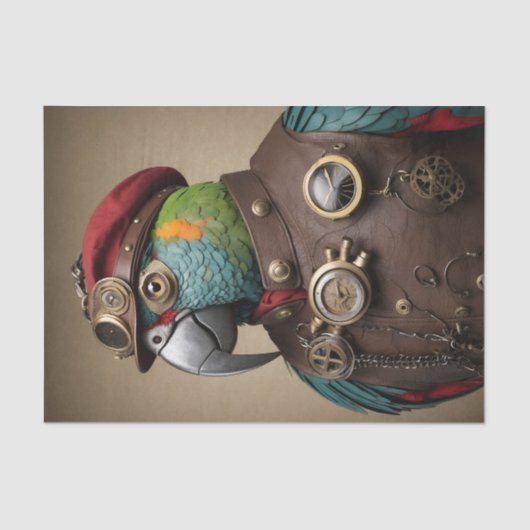 Blue Steampunk Parrot met Rood Pet Tissuepapier (Voorkant)