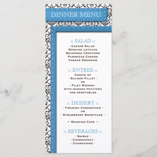 Blue Stitched Damask Wedding Reception Menu (Voorkant)
