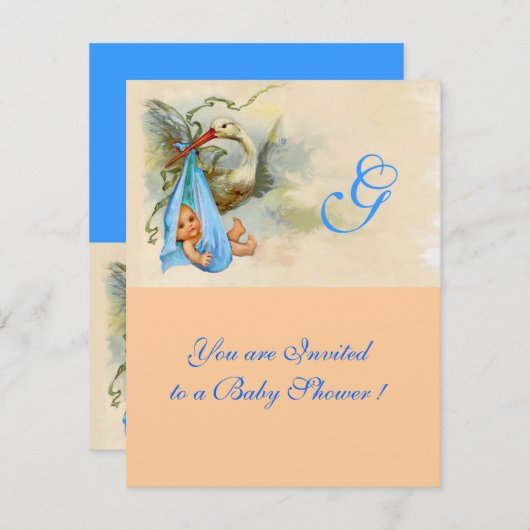 BLUE STORK BABY BOY SHOWER MONOGRAM Pink Shimmer Kaart (Voorkant / Achterkant)