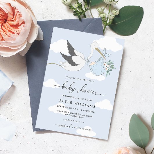Blue Stork Baby shower Invitation Kaart