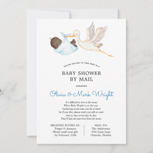 Blue Stork Baby shower per Mail Invitation Kaart (Voorkant)