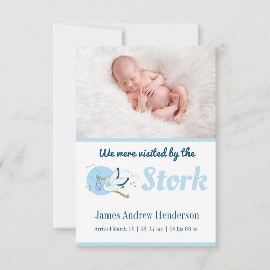 Blue Stork Birth Announcement Kaart (Voorkant)