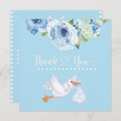 Blue Stork Monogram Floral Baby shower Bedankt (Voorkant / Achterkant)