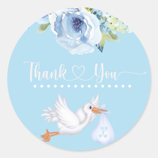 Blue Stork Monogram Floral Baby shower Bedankt Ronde Sticker (Voorkant)