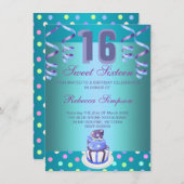 Blue Streamers & Cake Sweet 16 Invitation d'annive (Devant / Derrière)