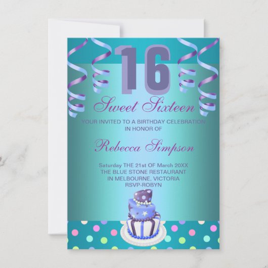 Blue Streamers & Cake Sweet 16 Invitation d'annive (Devant)